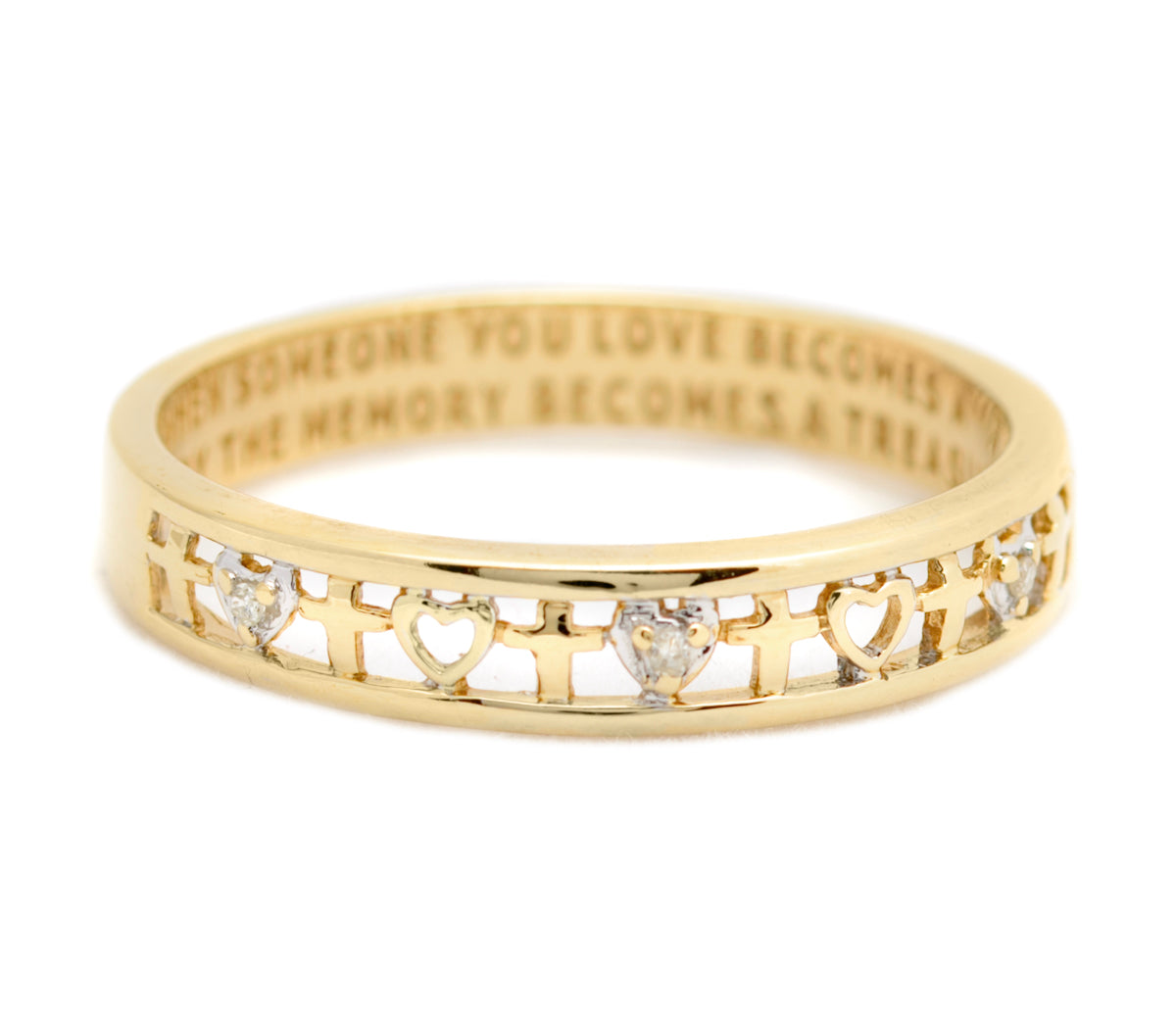 9ct Gold Love Token/Memory Motto Ring With Diamonds & Hearts UK Size S (A1747)