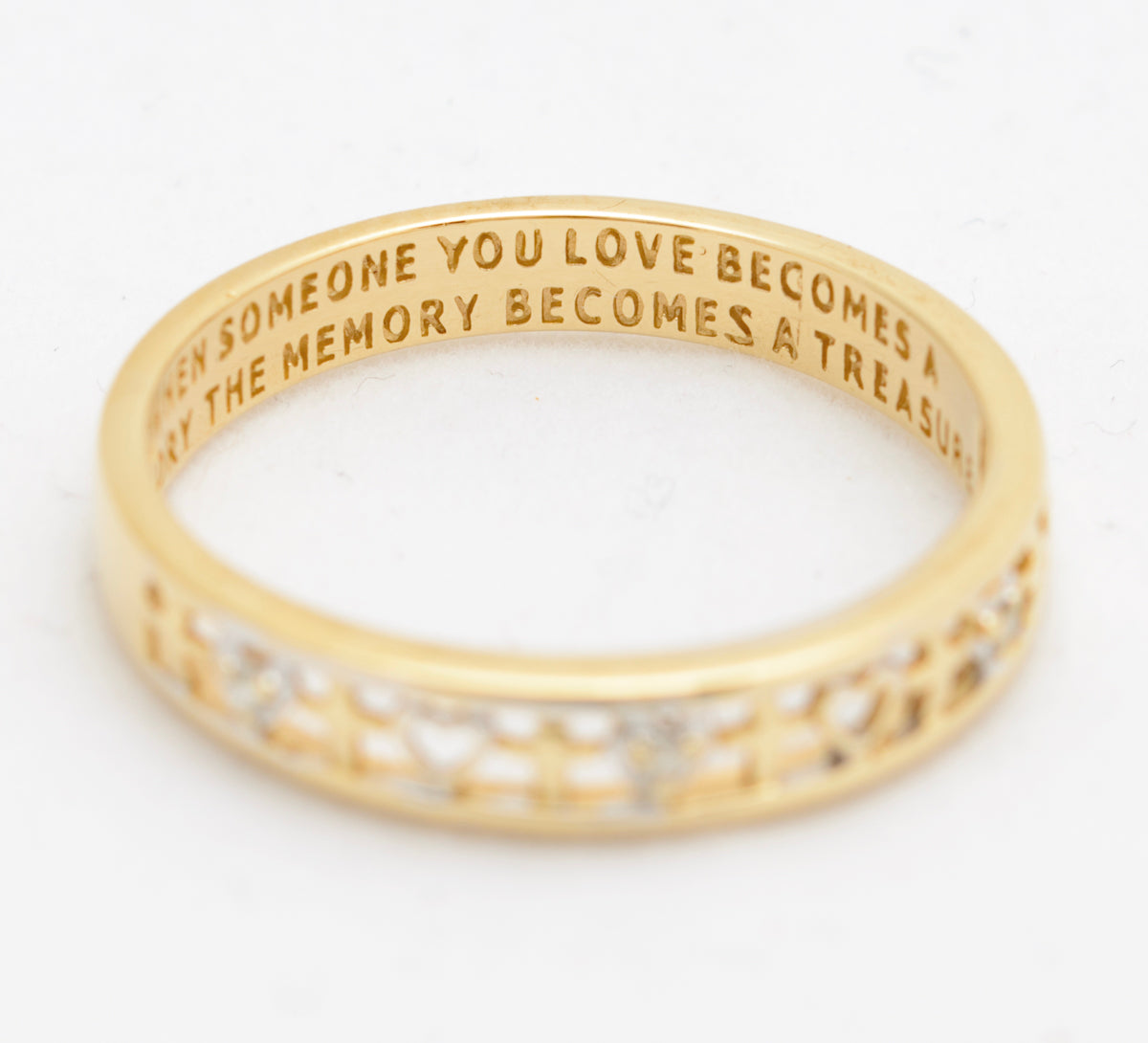 9ct Gold Love Token/Memory Motto Ring With Diamonds & Hearts UK Size S (A1747)