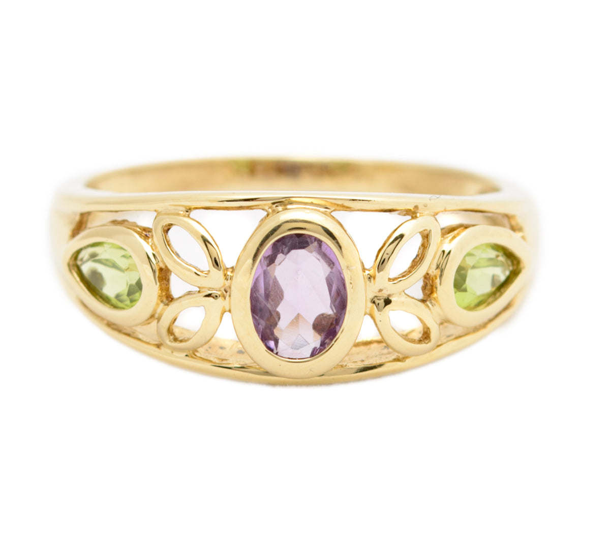 9ct Gold Trilogy Ring With Amethyst Gemstone & 2 Peridots With Open Work (A1753)