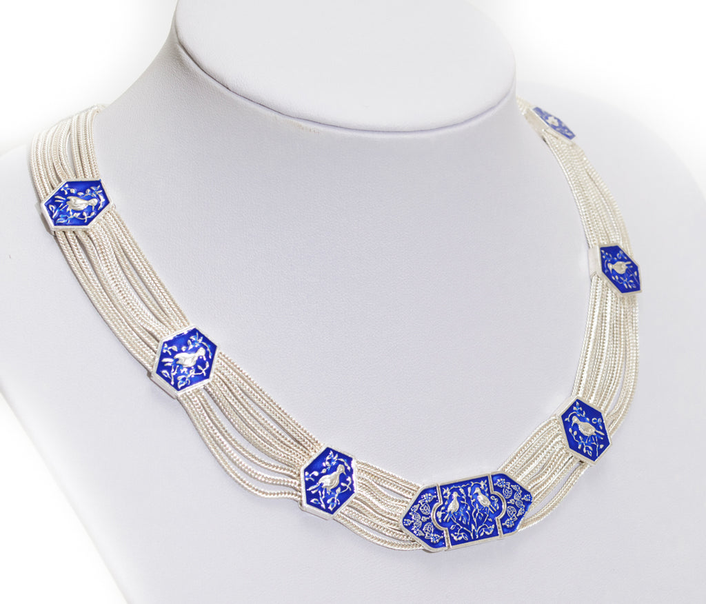 Vintage Sterling Silver Choker Necklace With Enamel Bird Panels Heavy 85g (A1755)