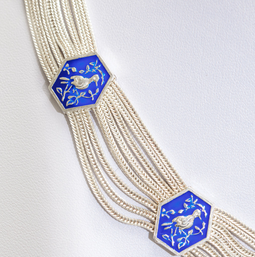 Vintage Sterling Silver Choker Necklace With Enamel Bird Panels Heavy 85g (A1755)
