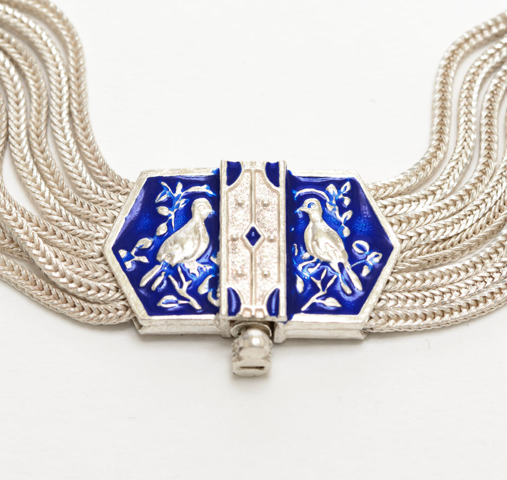 Vintage Sterling Silver Choker Necklace With Enamel Bird Panels Heavy 85g (A1755)