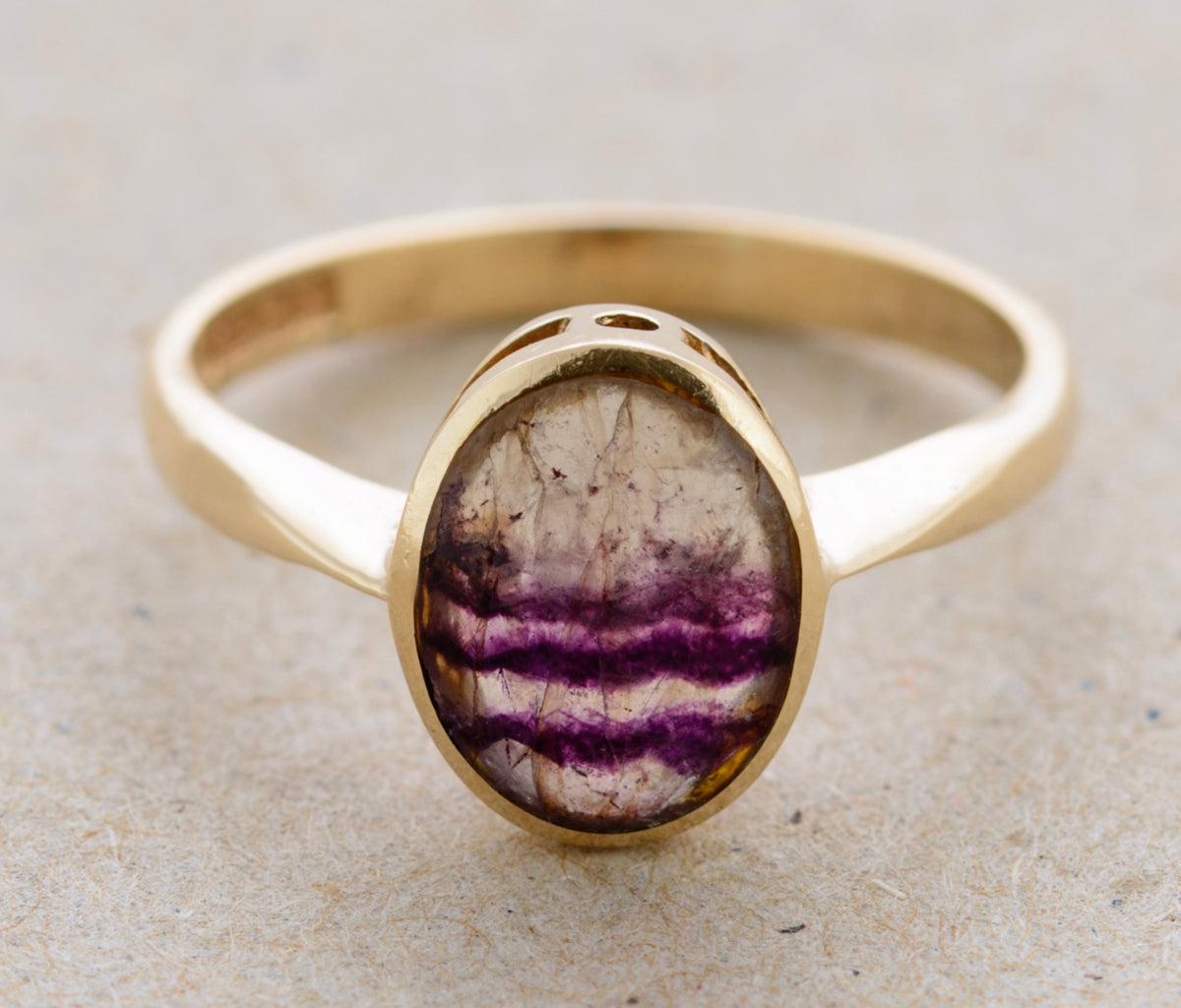 Vintage 9ct Gold Ring With Natural Derbyshire Blue John Cabochon Hallmark 1973 (A1765)