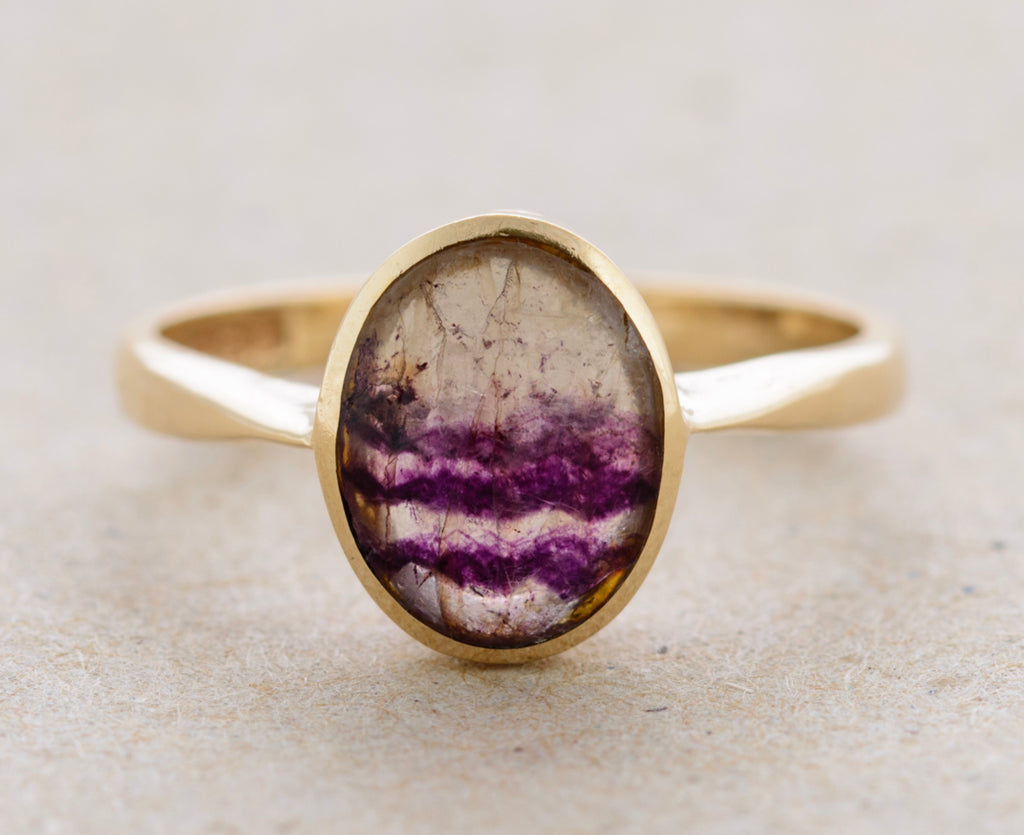 Vintage 9ct Gold Ring With Natural Derbyshire Blue John Cabochon Hallmark 1973 (A1765)