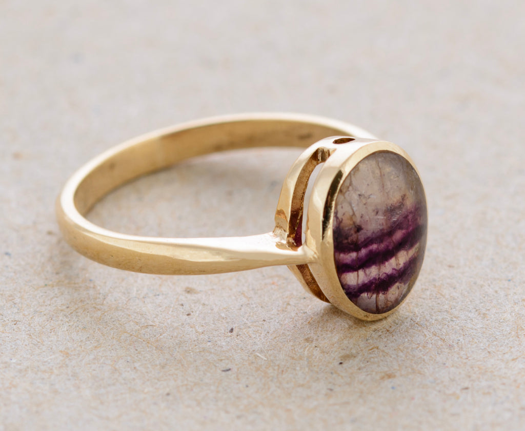 Vintage 9ct Gold Ring With Natural Derbyshire Blue John Cabochon Hallmark 1973 (A1765)