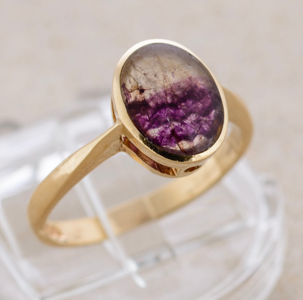 Vintage 9ct Gold Ring With Natural Derbyshire Blue John Cabochon Hallmark 1973 (A1765)