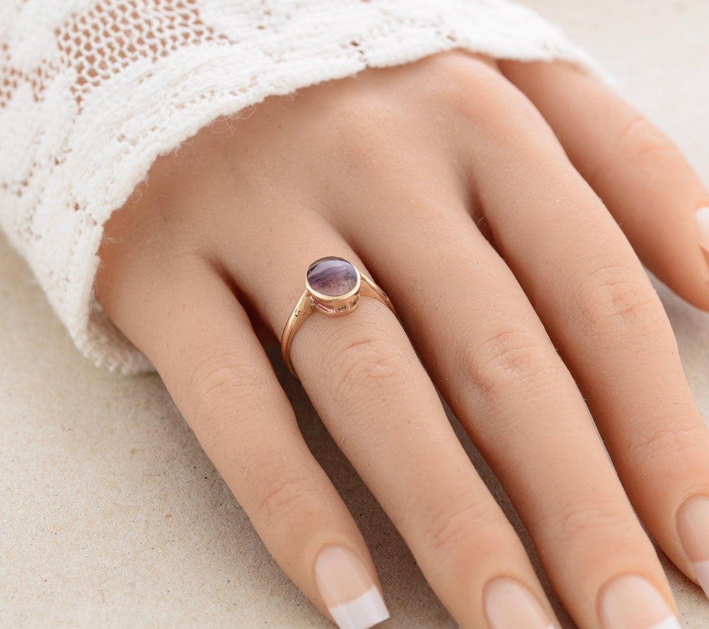 Vintage 9ct Gold Ring With Natural Derbyshire Blue John Cabochon Hallmark 1973 (A1765)