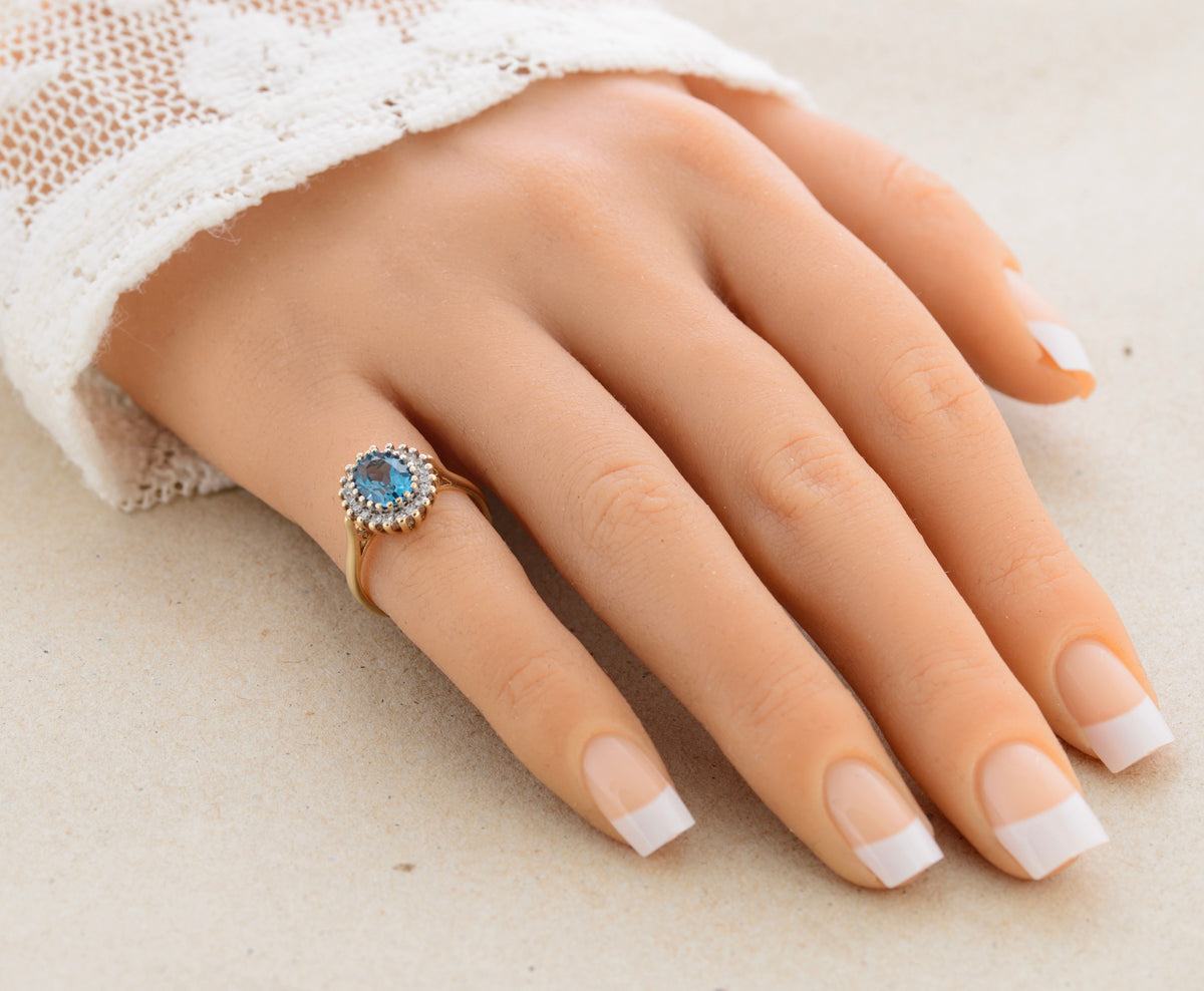 Vintage 1980's Natural London Blue Topaz With Diamond Halo Ring 9ct Gold (A1766)