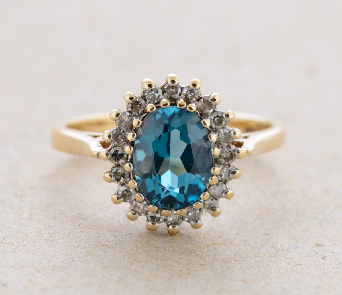 Vintage 1980's Natural London Blue Topaz With Diamond Halo Ring 9ct Gold (A1766)
