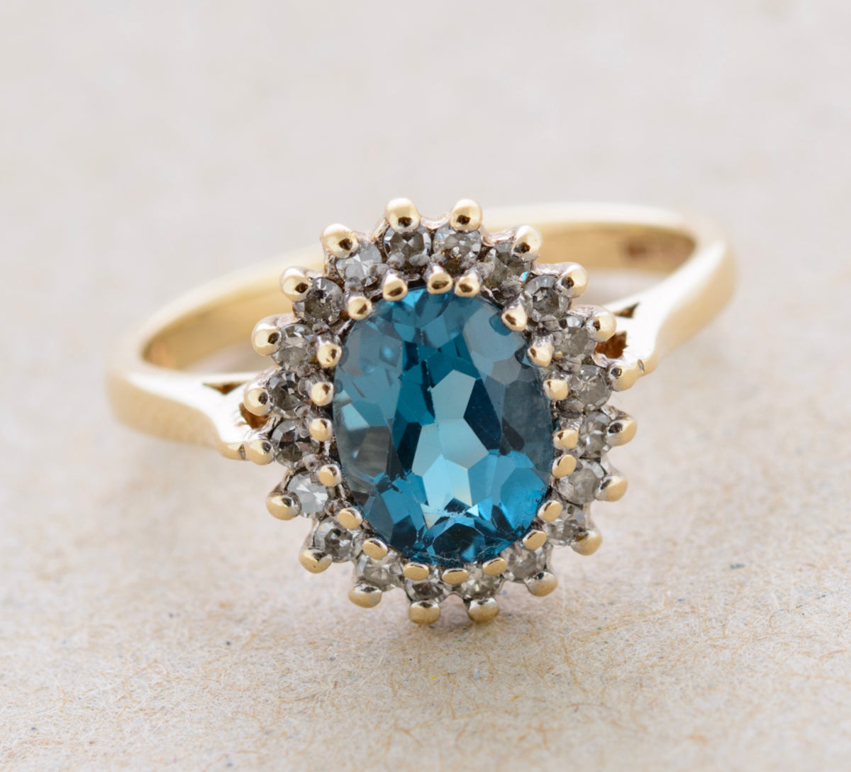Vintage 1980's Natural London Blue Topaz With Diamond Halo Ring 9ct Gold (A1766)