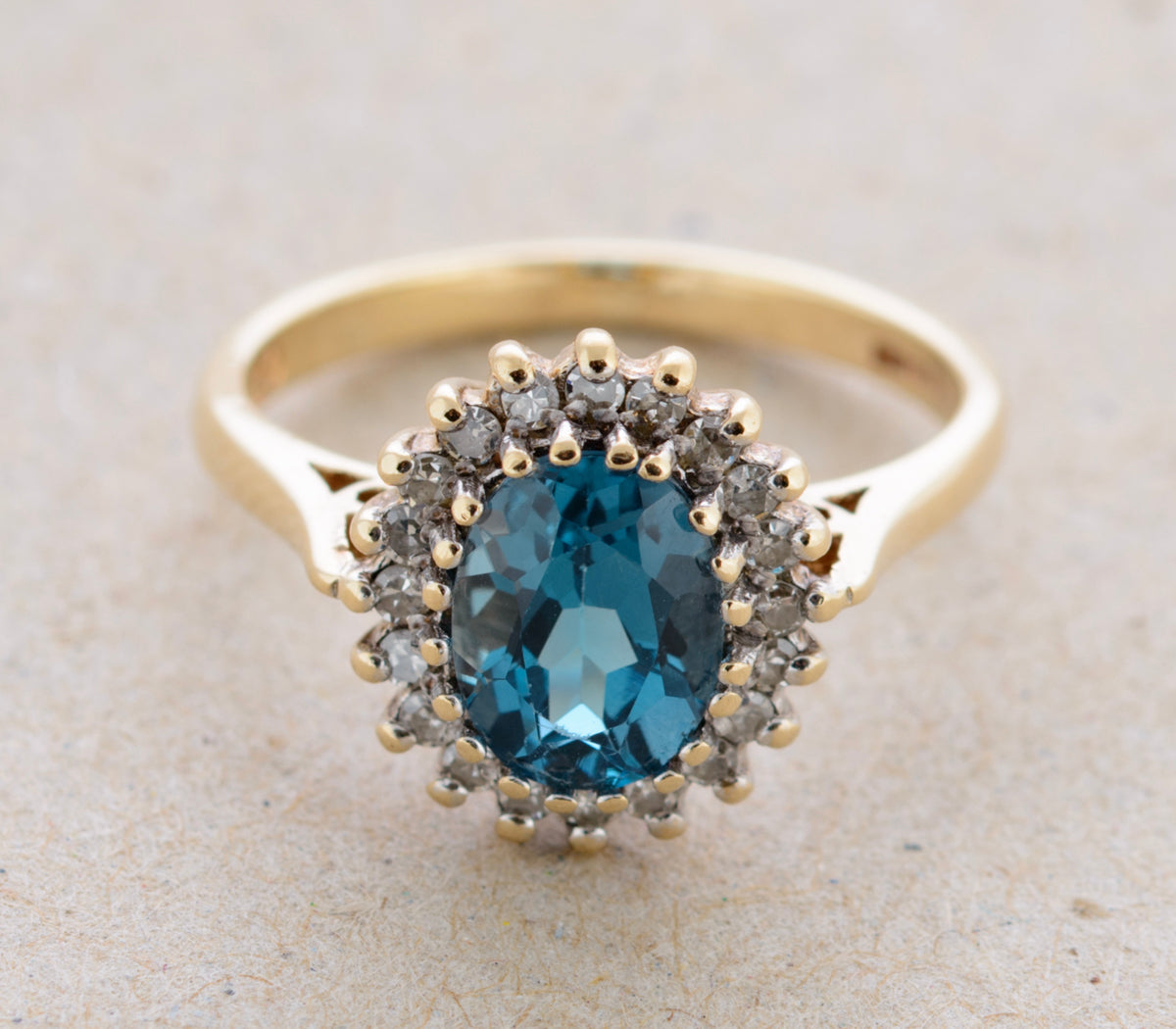 Vintage 1980's Natural London Blue Topaz With Diamond Halo Ring 9ct Gold (A1766)