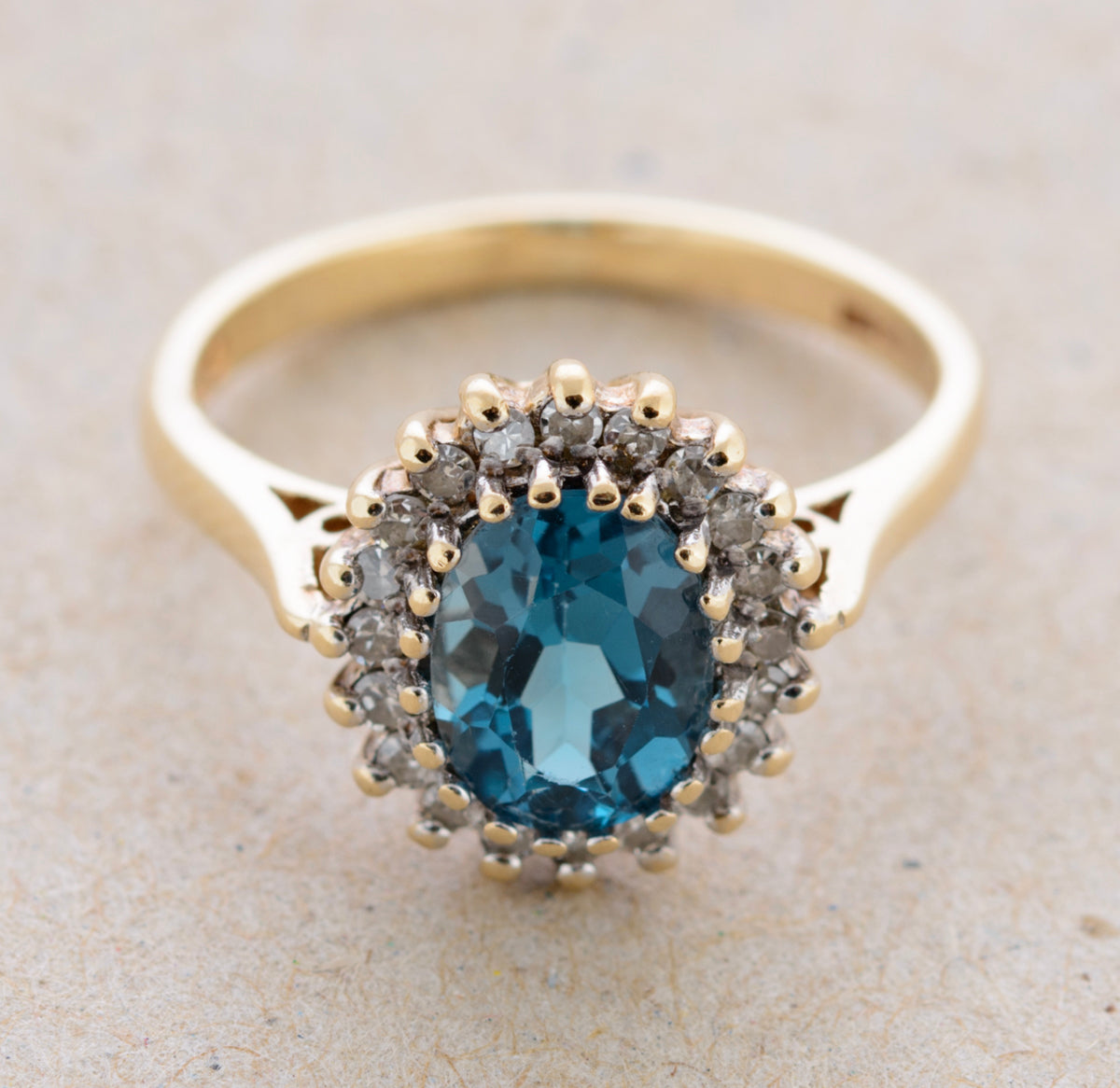 Vintage 1980's Natural London Blue Topaz With Diamond Halo Ring 9ct Gold (A1766)