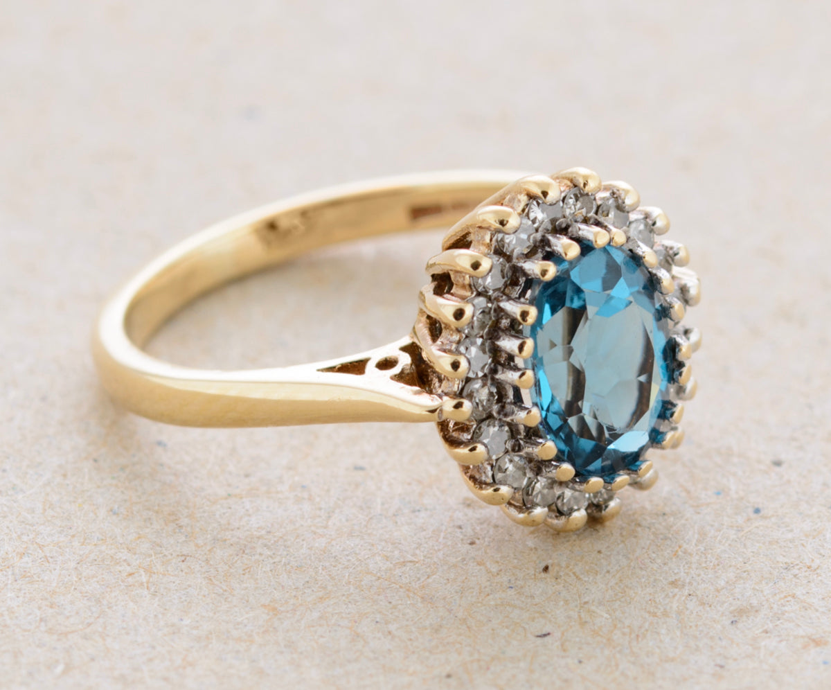 Vintage 1980's Natural London Blue Topaz With Diamond Halo Ring 9ct Gold (A1766)