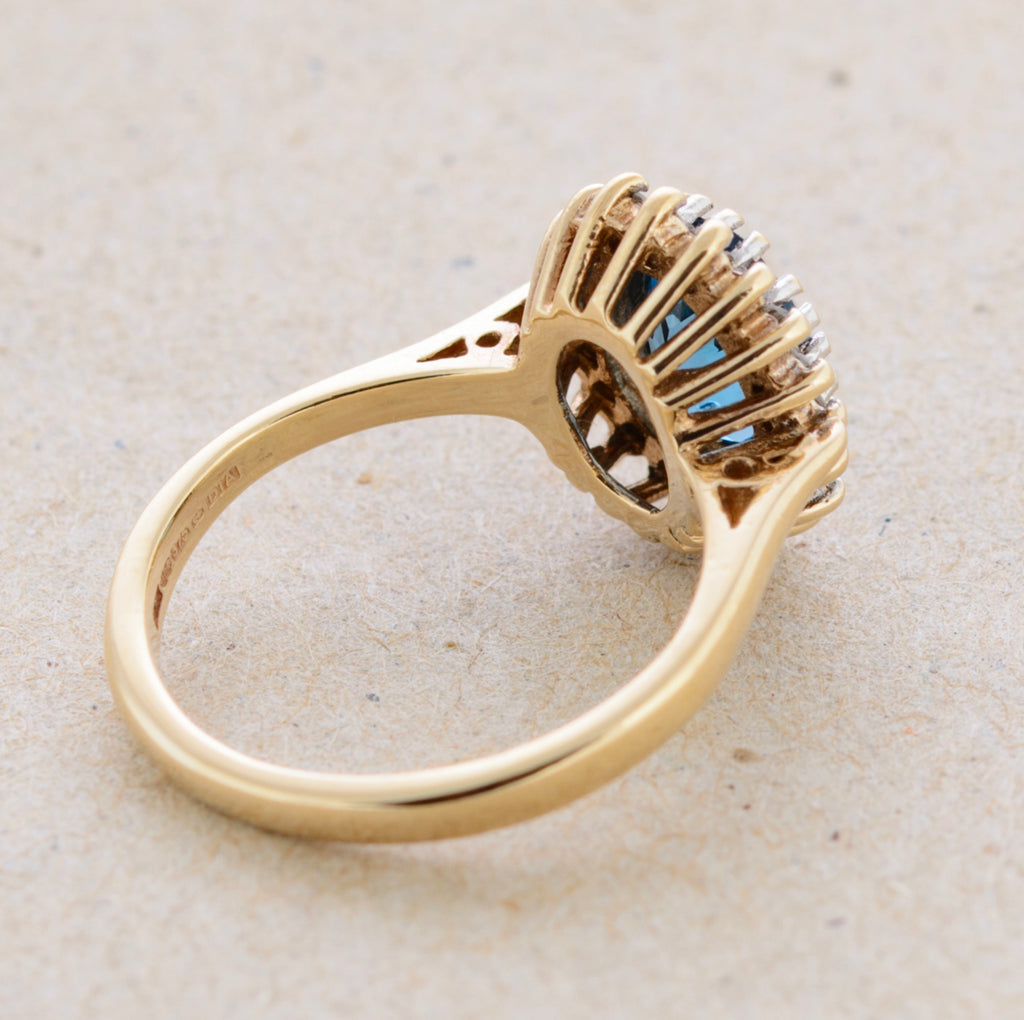 Vintage 1980's Natural London Blue Topaz With Diamond Halo Ring 9ct Gold (A1766)