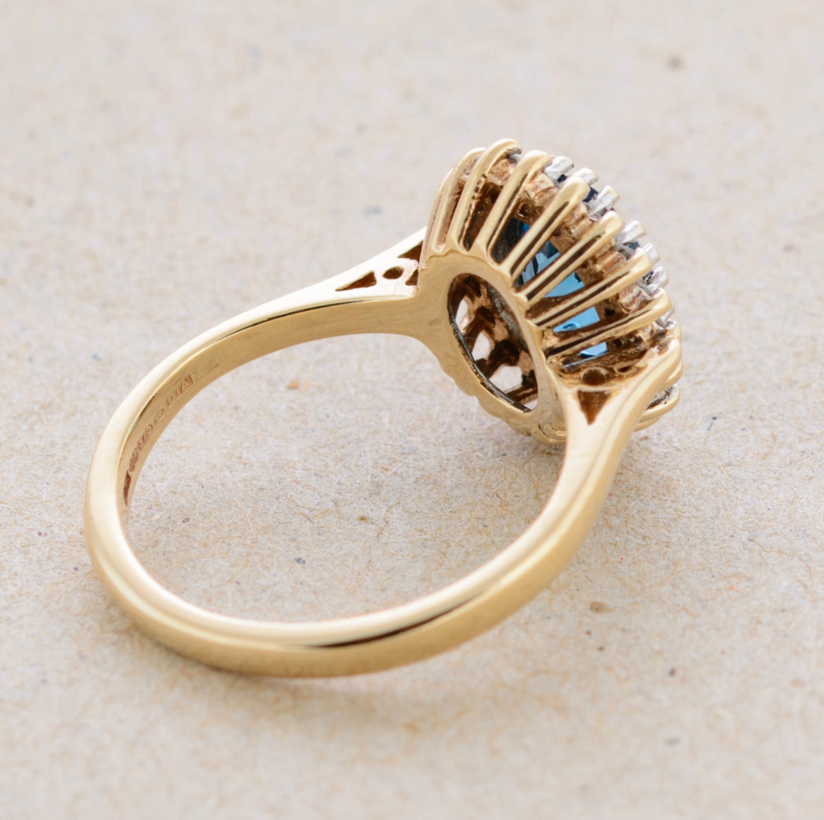 Vintage 1980's Natural London Blue Topaz With Diamond Halo Ring 9ct Gold (A1766)