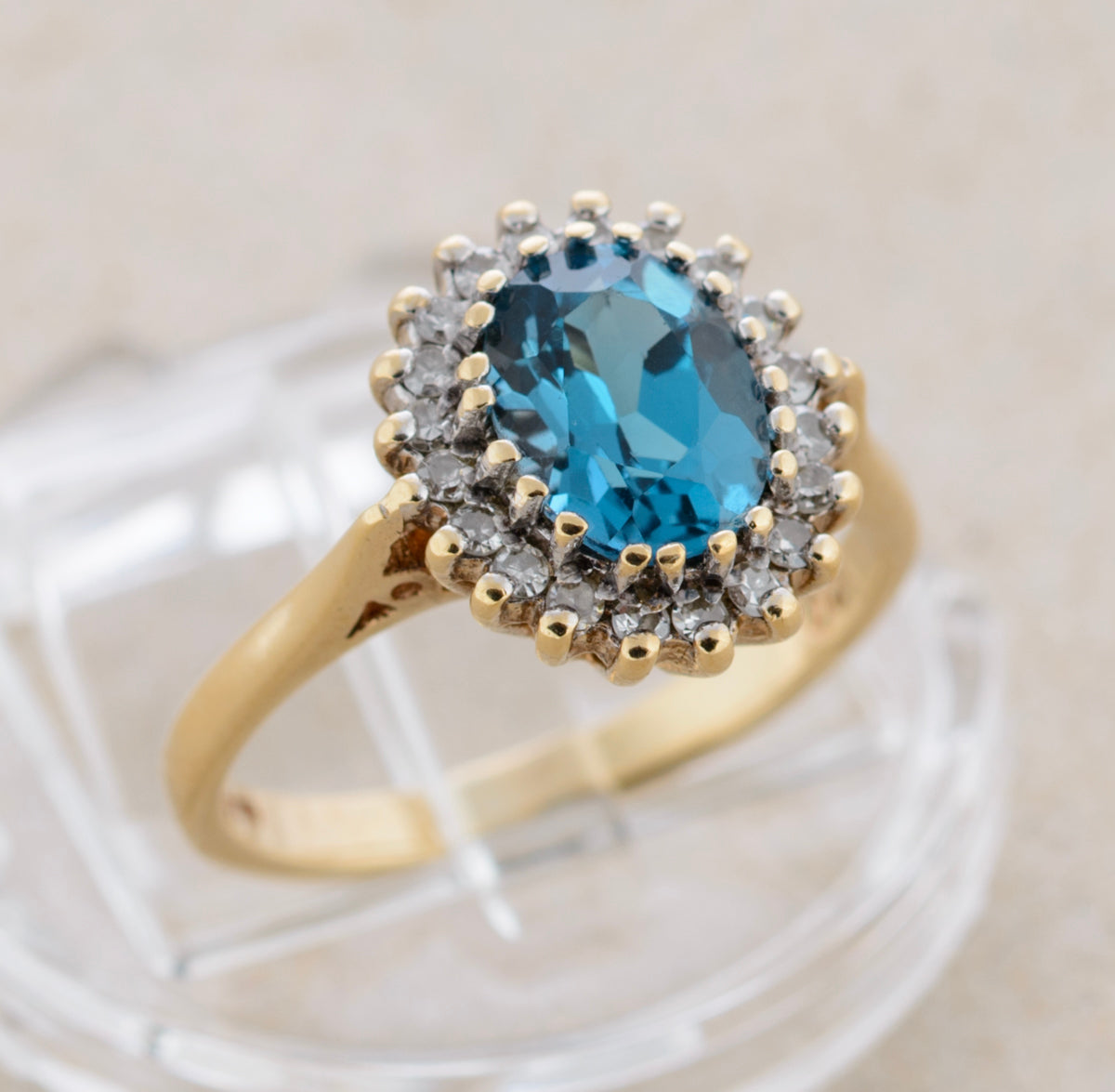 Vintage 1980's Natural London Blue Topaz With Diamond Halo Ring 9ct Gold (A1766)