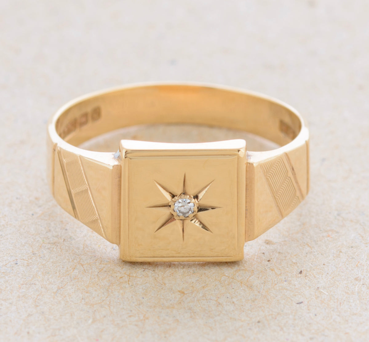 Vintage 9ct Solid Yellow Gold Signet Ring Solitaire Diamond Henry Griffith & Sons Size R Henry Griffith & Sons 1952 (A1769)