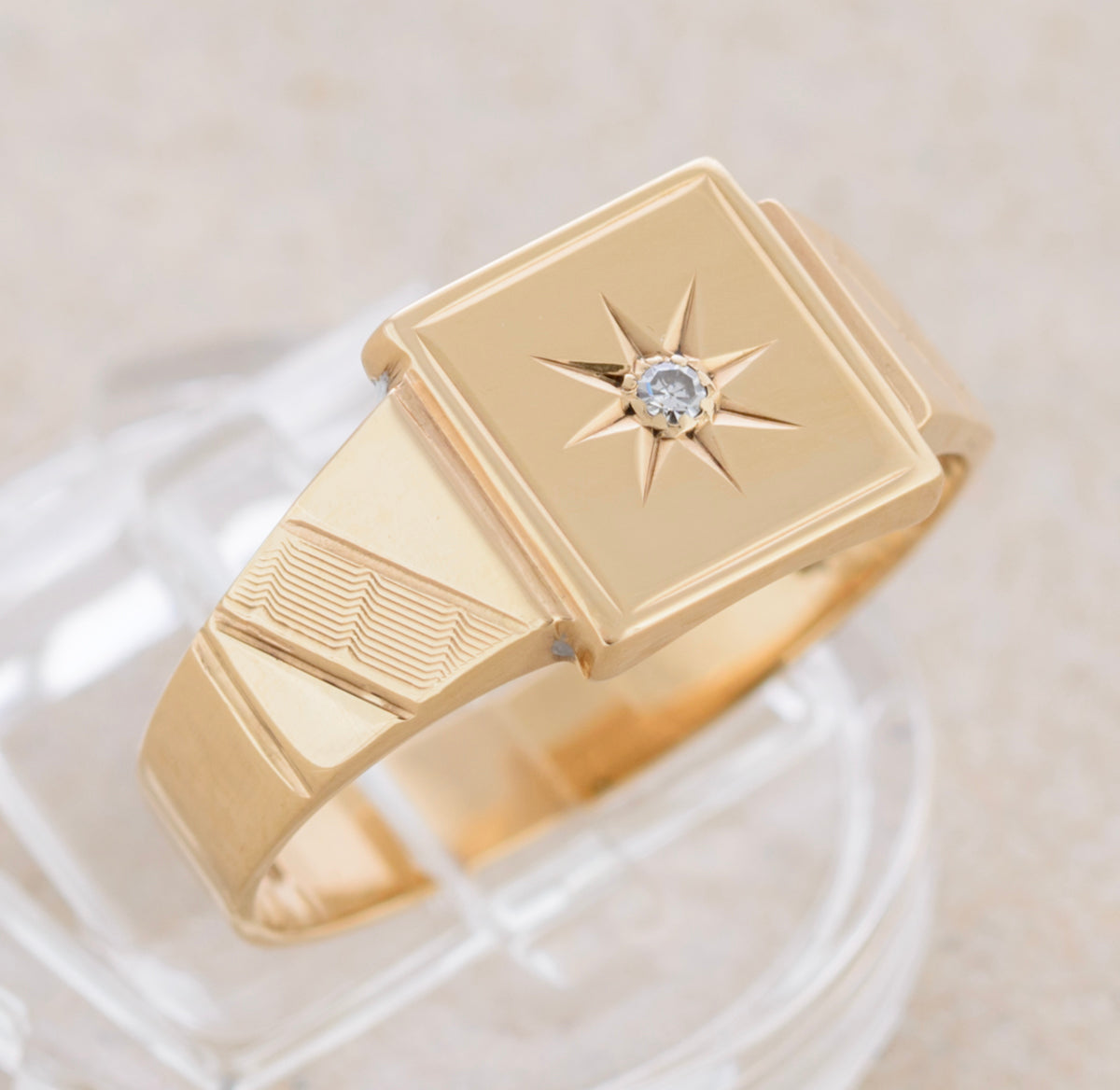 Vintage 9ct Solid Yellow Gold Signet Ring Solitaire Diamond Henry Griffith & Sons Size R Henry Griffith & Sons 1952 (A1769)