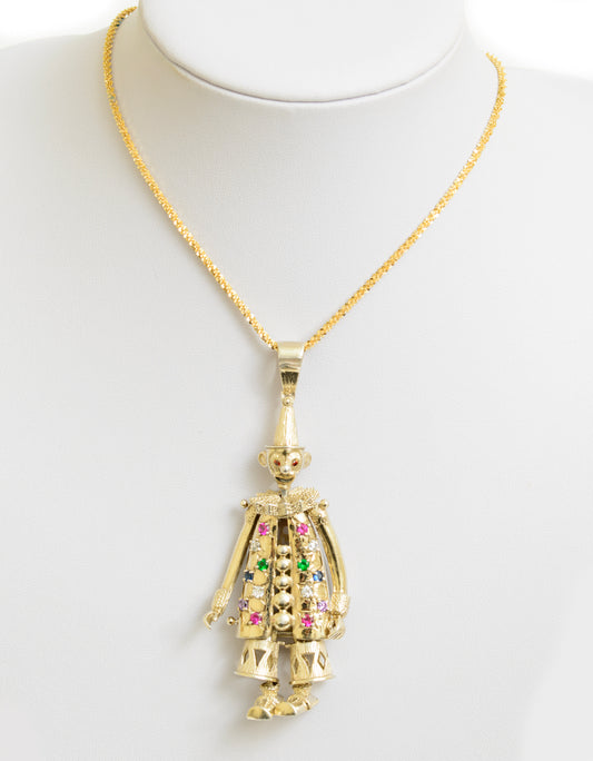 Large Sterling Silver Gilt Articulated Clown Pendant & Italian Chain Necklace (A1772)