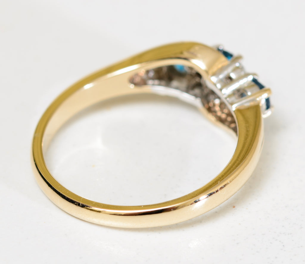 9ct Gold & Natural Blue Topaz & Diamond Gemstone Trilogy Ring With Accents (A1774)