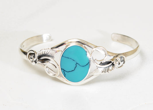 Sterling Silver Bangle With Large Turquoise Cabochon & Decorative Detail (A1782)