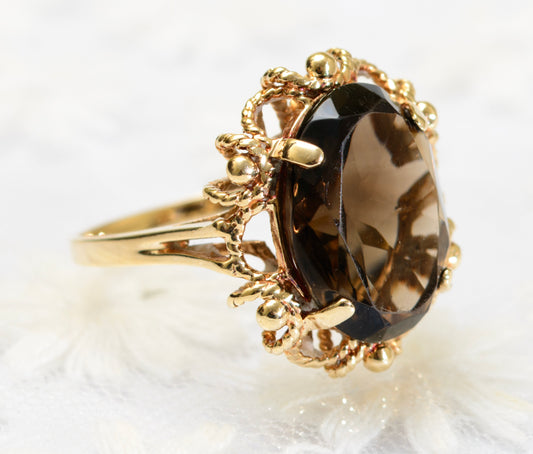 10K 10ct Solid Gold & Smoky Quartz Ring Trubrite By Basco USA Vintage c.1960's (A1795)