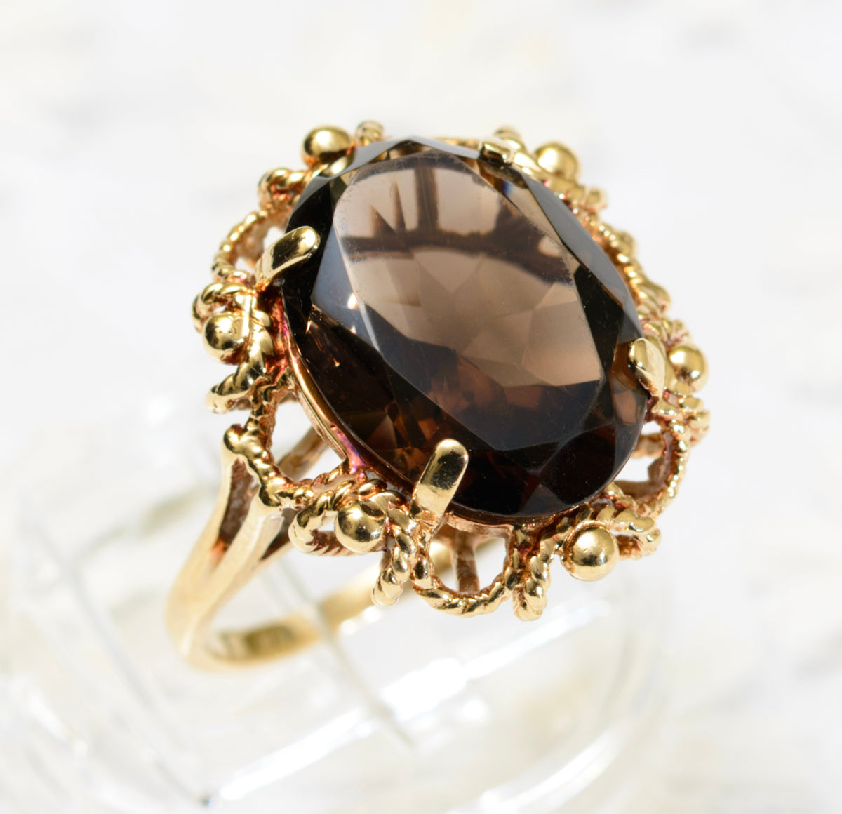 10K 10ct Solid Gold & Smoky Quartz Ring Trubrite By Basco USA Vintage c.1960's (A1795)