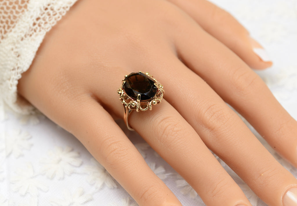 10K 10ct Solid Gold & Smoky Quartz Ring Trubrite By Basco USA Vintage c.1960's (A1795)