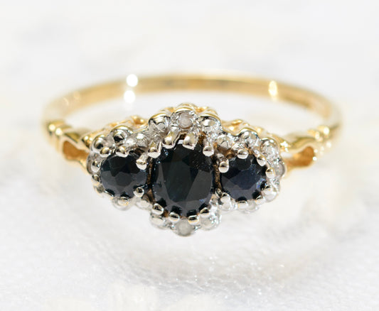 Vintage Natural Triple Sapphire & Diamond Gold Ring In 9ct 1980's Retro (A1796)