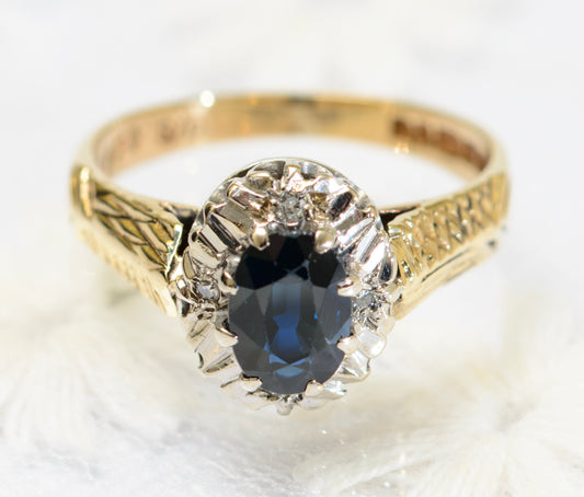 Vintage 9ct Gold Ring With 0.88 Carat Natural Sapphire & Diamond Halo (A1798)