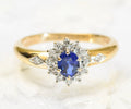 9ct Gold Ring With Central Sapphire & Diamond Halo & Shoulders (A1799)
