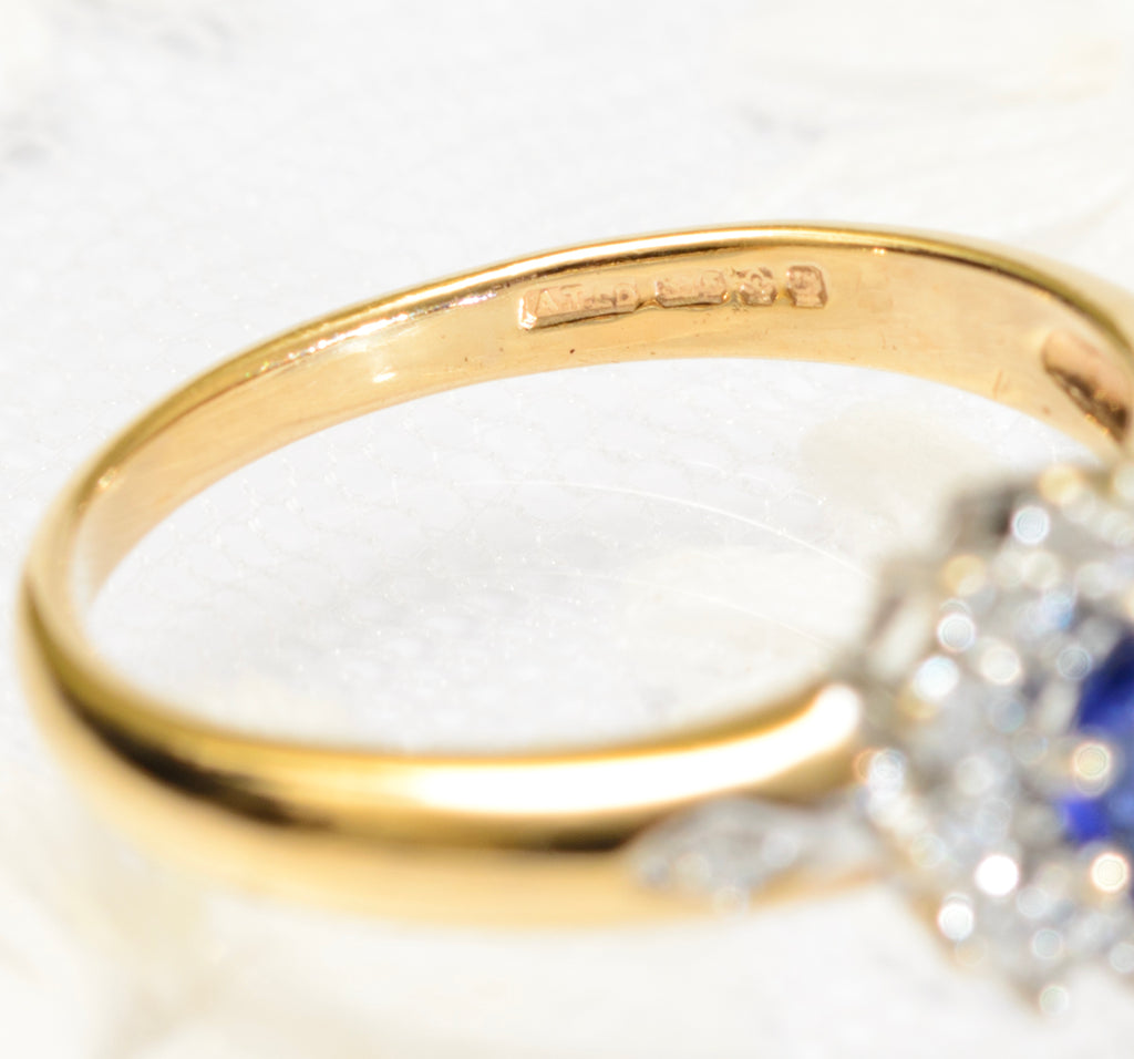 9ct Gold Ring With Central Sapphire & Diamond Halo & Shoulders (A1799)
