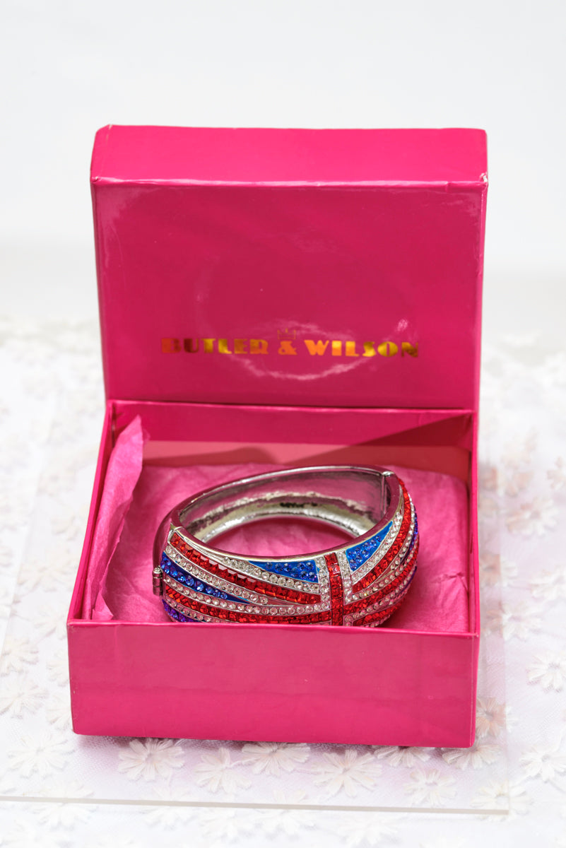 Vintage Butler & Wilson Large Union Jack Crystal Bangle Bracelet 1990's - Boxed (A1806)