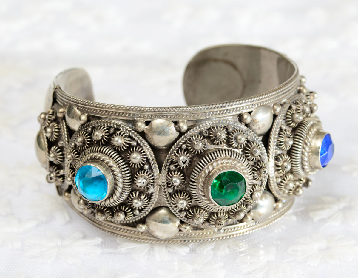 Vintage Sterling Silver Thai/Siam Elaborate Chunky Bangle/Bracelet Glass Gems (A1811)