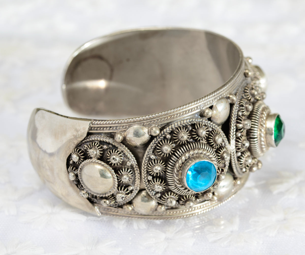 Vintage Sterling Silver Thai/Siam Elaborate Chunky Bangle/Bracelet Glass Gems (A1811)