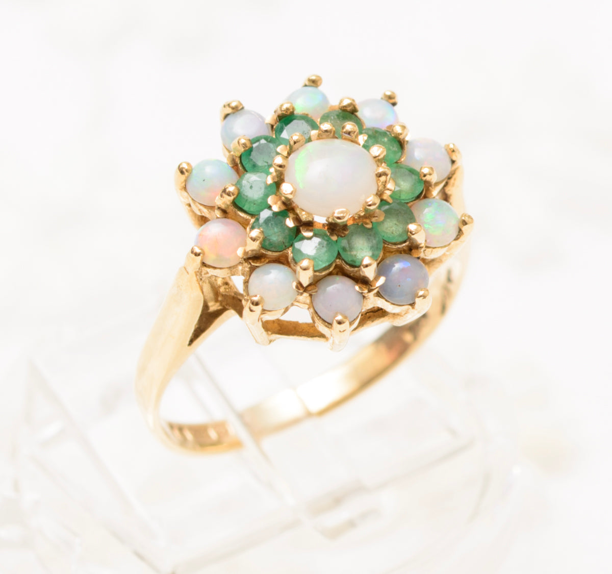 Vintage 9ct Gold Cluster Ring With Natural Emeralds & Opals UK Size M (A1829)