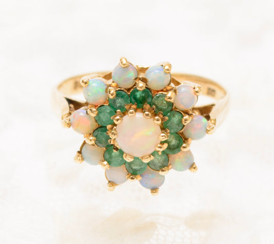 Vintage 9ct Gold Cluster Ring With Natural Emeralds & Opals UK Size M (A1829)