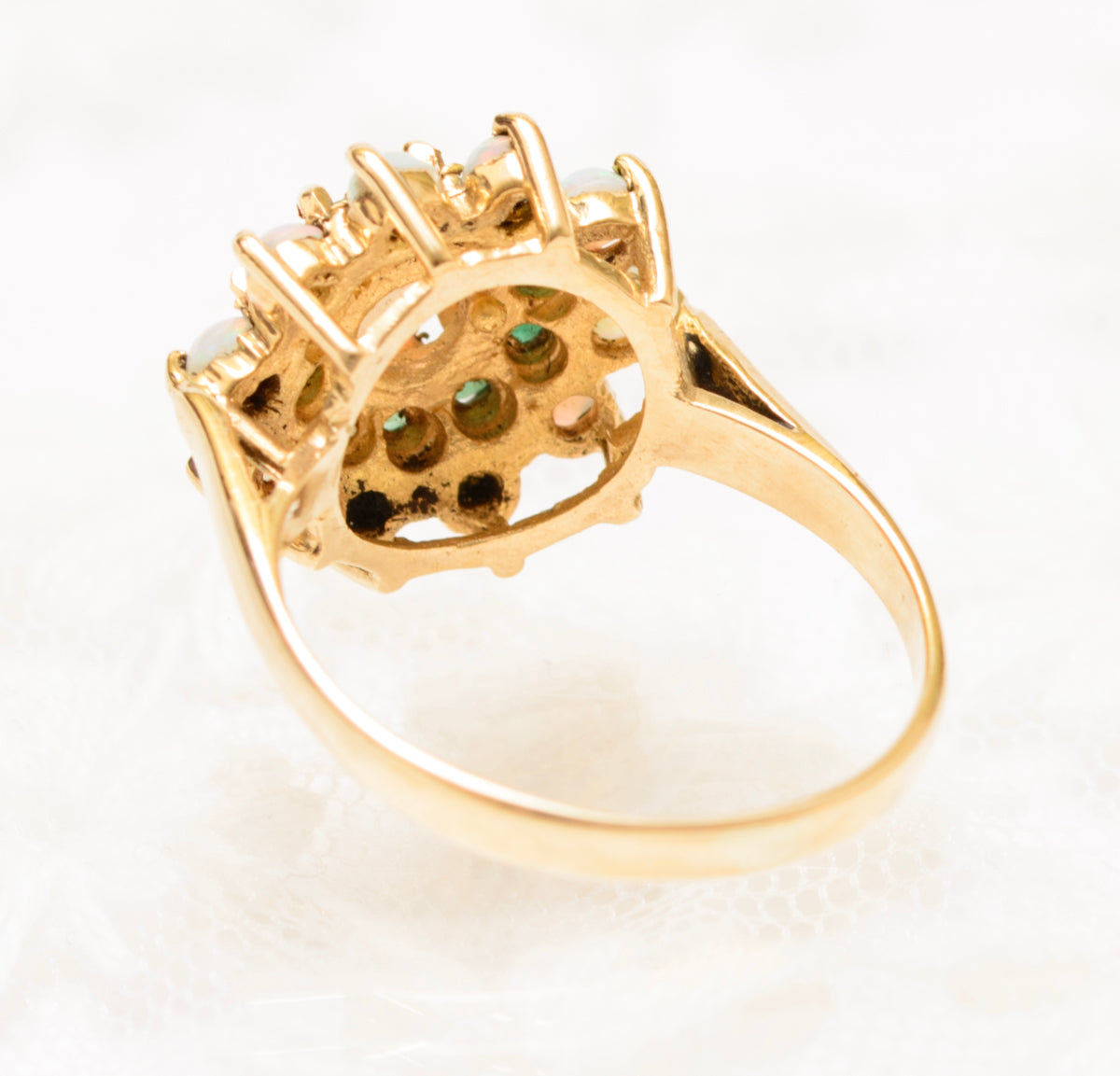 Vintage 9ct Gold Cluster Ring With Natural Emeralds & Opals UK Size M (A1829)