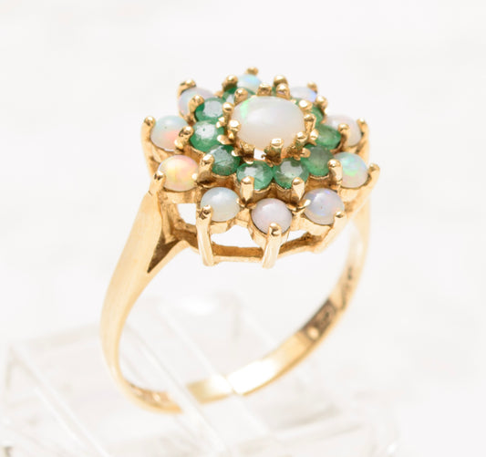 Vintage 9ct Gold Cluster Ring With Natural Emeralds & Opals UK Size M (A1829)