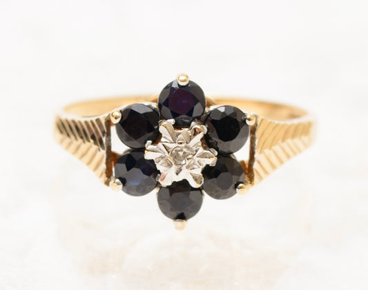 Vintage Retro Design 9ct Gold Ring Natural Sapphire & Diamond Cluster (A1831)