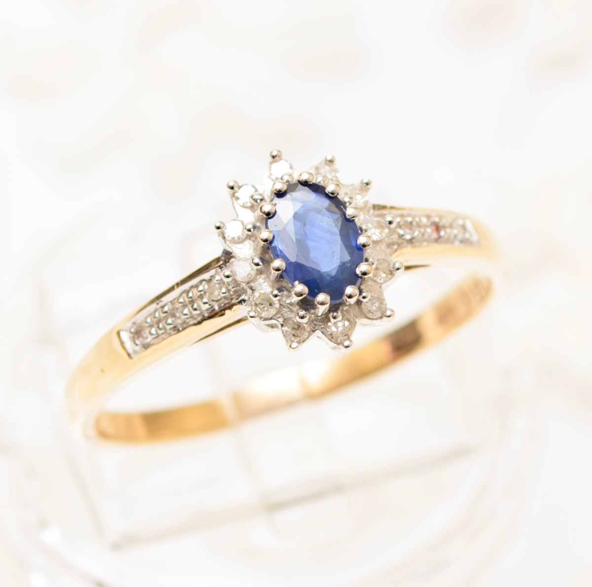 Vintage Natural Sapphire & Diamond Ring In 9ct Gold Halo Design UK Size S1/2 (A1832)
