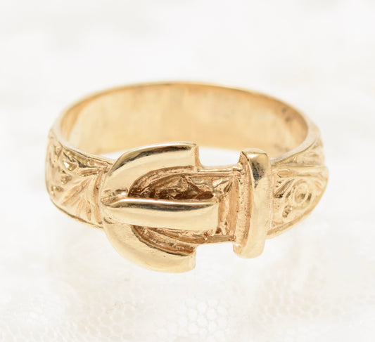 9ct Solid Gold Buckle Ring With Textured Band Sheffield Hallmark 1994 UK Size N (A1833)