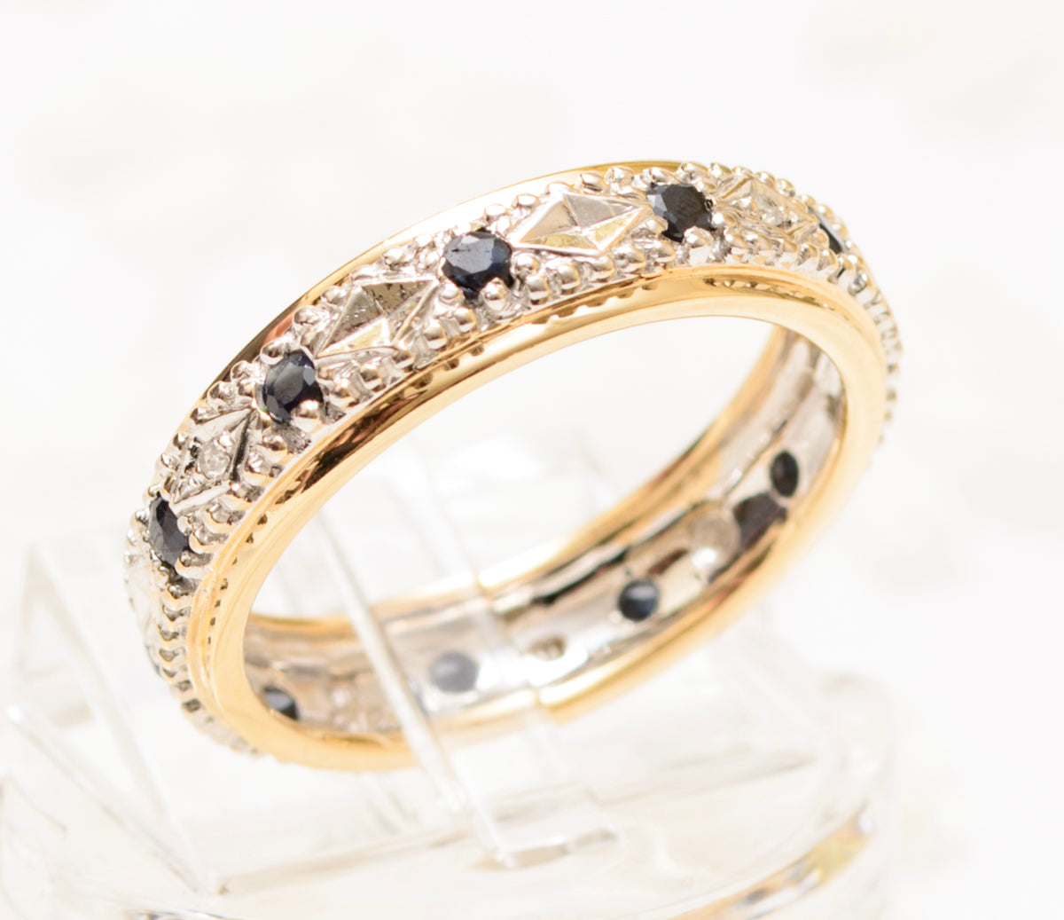 9ct Gold Full Eternity Ring With Natural Sapphires & Diamonds UK Size P (A1834)