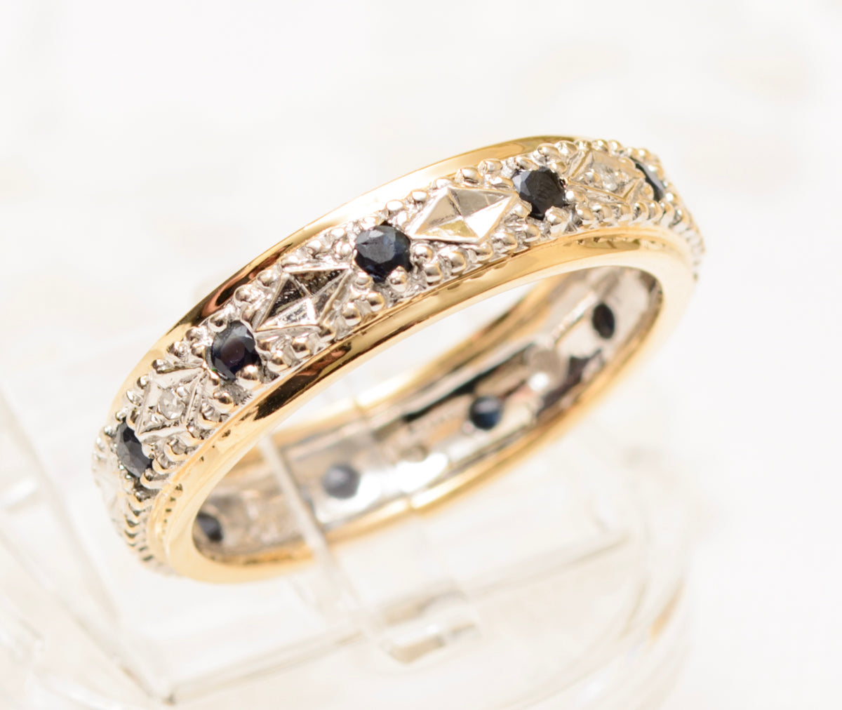 9ct Gold Full Eternity Ring With Natural Sapphires & Diamonds UK Size P (A1834)