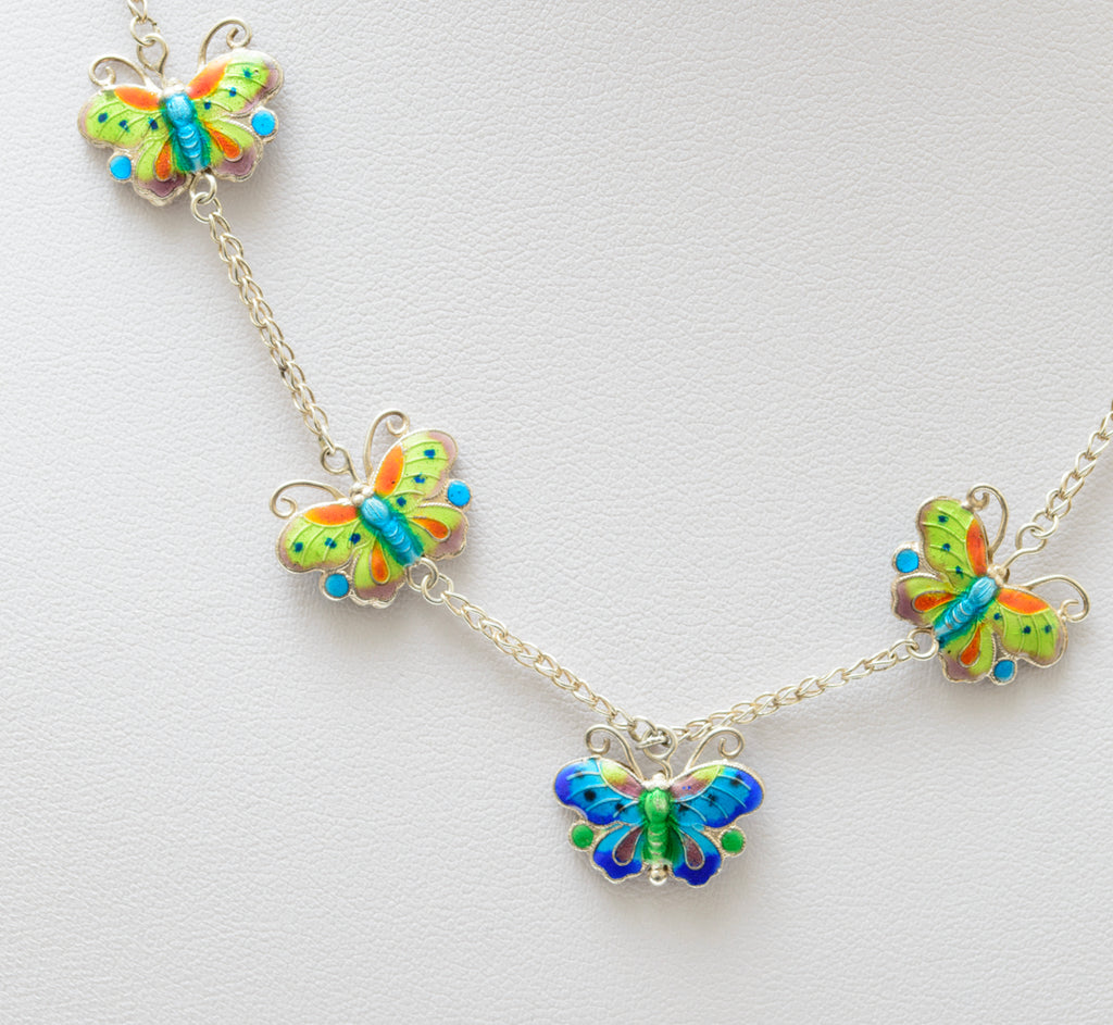 Vintage Sterling Silver Necklace With Enamel Butterflies & Filigree Clasp (A1835)