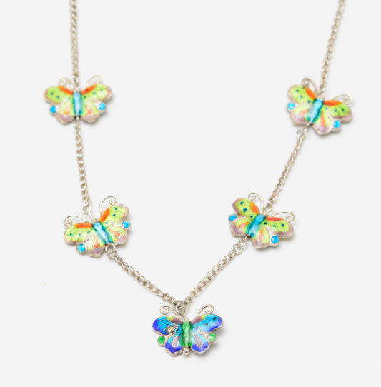 Vintage Sterling Silver Necklace With Enamel Butterflies & Filigree Clasp (A1835)