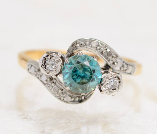 Art Deco 18ct Gold & Platinum Ring With Natural Blue Zircon & Diamonds UK Size K (A1861)