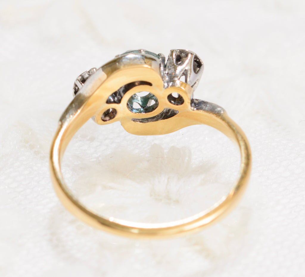 Art Deco 18ct Gold & Platinum Ring With Natural Blue Zircon & Diamonds UK Size K (A1861)