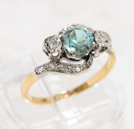 Art Deco 18ct Gold & Platinum Ring With Natural Blue Zircon & Diamonds UK Size K (A1861)