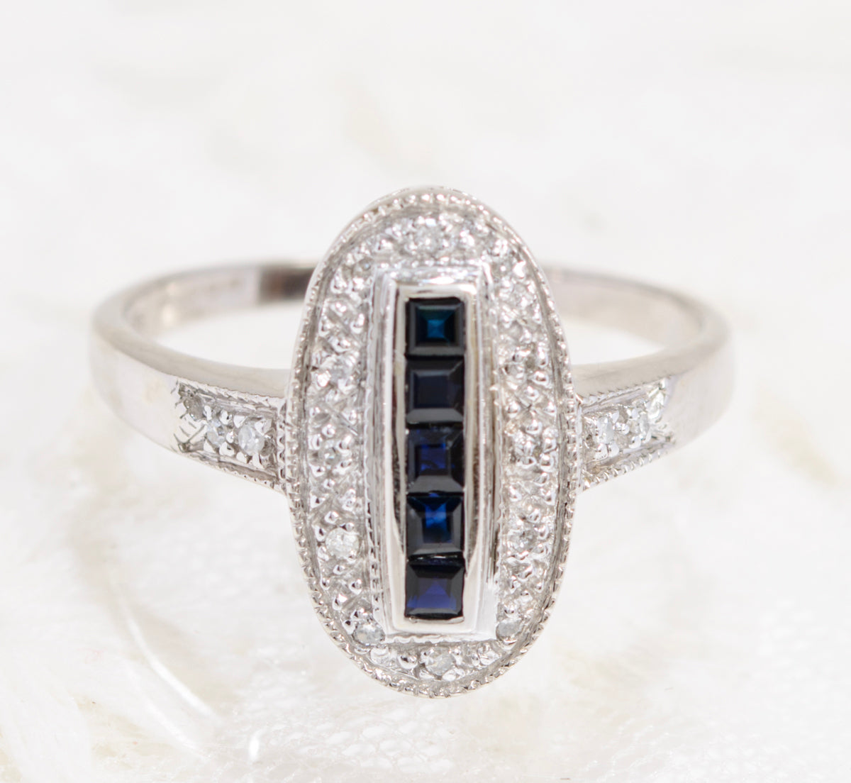 9ct White Gold Natural Sapphire & Diamond Ring Art Deco Design UK Size R In Presentation Box  (A1862)